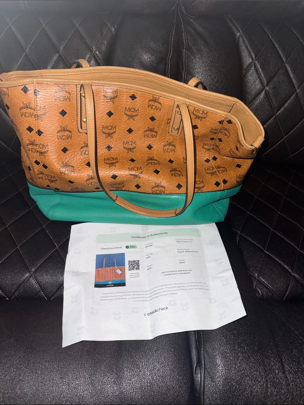 MCM Cognac and Teal Coated Canvas Tote
